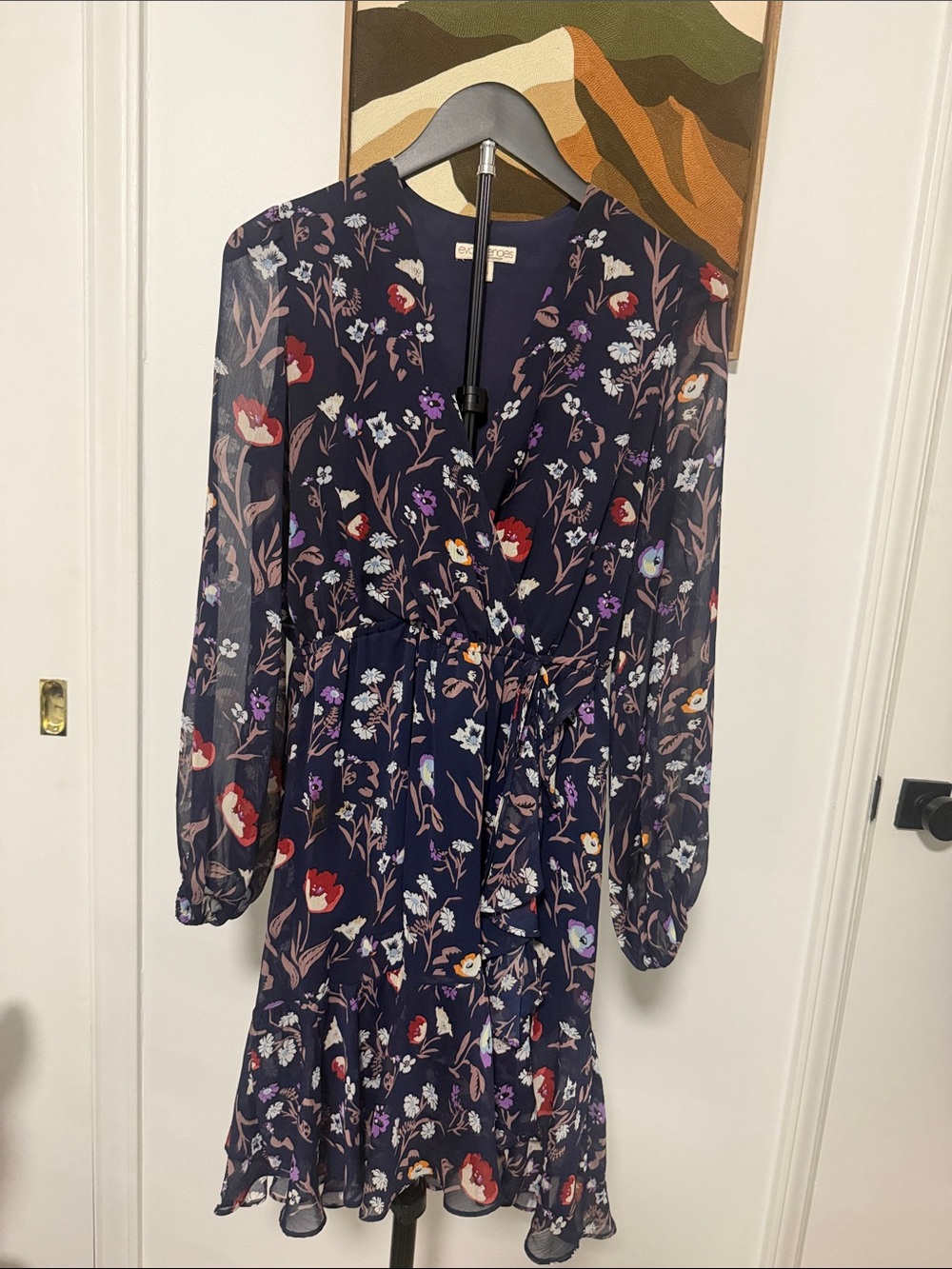 eva mendes for New York & Company Navy Floral Long-Sleeve Wrap Dress